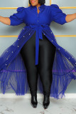 Azul Vintage Vendaje Patchwork Hebilla Perla Malla Cuello vuelto Una línea Vestidos de talla grande