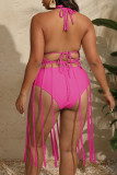 Bandagem de borla sólida sexy vermelha rosa vazada sem costas plissada halter plus size roupa de banho encobrimento