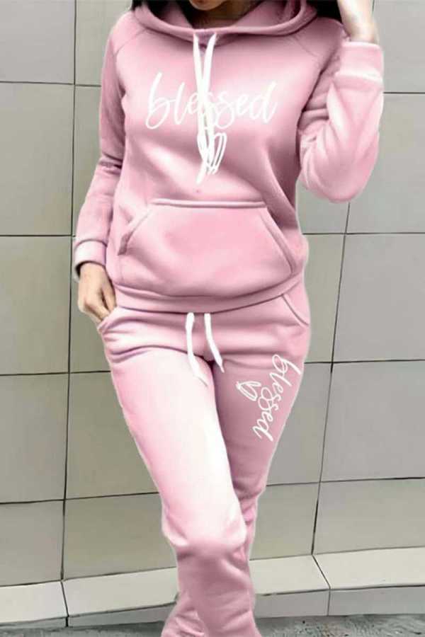 Pink Casual Print Basic Hooded Collar Long Sleeve Two Pieces