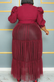 イエロー エレガントな固体包帯パッチワーク バックル メッシュ ターンダウン カラー ロング ドレス プラス サイズ ドレス