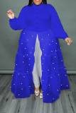 Bleu Royal élégant Patchwork boucle perle maille col rabattu robe longue robes de grande taille