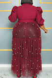 バーガンディ ヴィンテージ包帯パッチワーク バックル パール メッシュ ターンダウン カラー A ライン プラス サイズ ドレス
