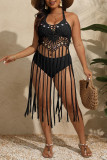 Rose Red Sexy Solid Tassel Bandage Hollowed Out Backless Pleated Halter Plus Size Swimwear Cover-up