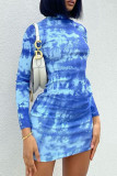 Blauwe straat tie-dye patchwork halve col-jurken met wikkelrok