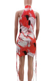 Pink Sexy Print Patchwork Zipper O Neck Wrapped Skirt Dresses