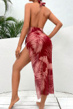 Rose Red Sexy Sportswear Floral Bandage Patchwork High Opening Swimwears