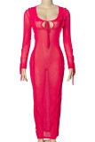 Roze rood sexy effen bandage patchwork vezelige zelfkant U-hals lange jurk jurken