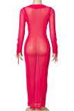 Rose Red Sexy Solid Bandage Patchwork Stringy Selvedge U Neck Long Dress Kleider