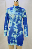 Vestidos de saia enrolados com meia gola alta em patchwork azul street tie-dye