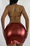 Пурпурно-красный сексуальный однотонный бандажный ажурный лоскутный Холтер без рукавов из трех предметов