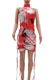 赤いセクシーなプリント パッチワーク ジッパー O ネック ラップ スカート ドレス