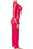 Vestido longo sexy vermelho rosa com bandagem sólida patchwork ourela com decote em U