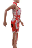 Красные сексуальные принты в стиле пэчворк с застежкой-молнией и круглым вырезом, обернутые юбки, платья