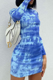 Blaue Street-Batik-Patchwork-Kleider mit halbem Rollkragen und Wickelrock