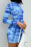 Blauwe straat tie-dye patchwork halve col-jurken met wikkelrok