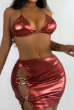 Purplish Red Sexy Solid Bandage Hollowed Out Patchwork Halter Sleeveless Three Pieces