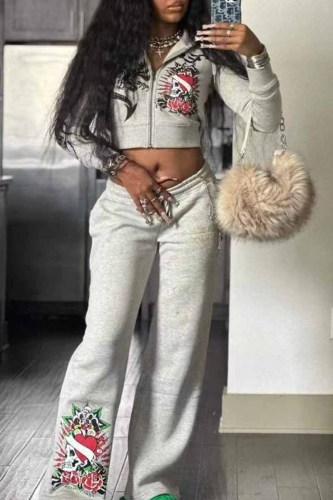 Silver Gray Casual Street Print Letter Hooded Collar Long Sleeve Two Pieces