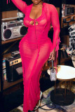 Розово-красное сексуальное однотонное бандажное лоскутное длинное платье с кромкой и U-образным вырезом