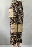 Dunkelbraune Street-Camouflage-Print-Patchwork-Taschenknöpfe, Reißverschluss, gerade, niedrige Taille, gerade, voll bedruckte Hose