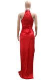 Vestido largo rojo sexy elegante liso con lentejuelas y retales con abertura alta y pliegues con cremallera y cuello redondo