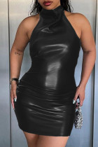 Negro Sexy Street Patchwork liso Fold Halter vestidos de tubo