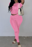 Pink Casual Solid Patchwork O Neck Short Sleeve Two Pieces T-shirts Tops And Skinny Pants Set