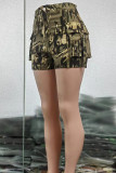 Gele straatprint Patchwork zakknopen Rits Skinny hoge taille Conventionele broek met volledige print