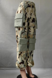 Hellblaue Street-Camouflage-Print-Patchwork-Taschenknöpfe, Reißverschluss, gerade, niedrige Taille, gerade, voll bedruckte Hose