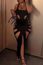 Zwarte sexy straat effen uitgeholde patchwork split asymmetrische kraag lange jurk jurken