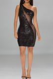 Black Sexy Street Solid Sequins Patchwork See-through One Shoulder Wrapped Skirt Dresses