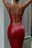 Rojo Sexy Street Patchwork liso Sin espalda Correas cruzadas Hendidura Correa de espagueti Vestido largo Vestidos