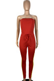 Red Casual Patchwork Draw String Contrast Strapless Regular Jumpsuits