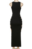 Schwarze sexy Street Solid ausgehöhlte Patchwork-Schlitz-lange Kleider mit asymmetrischem Kragen