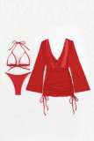 Rose Red Sportswear Solid Patchwork See-through 3 Piece Sets(With Paddings)