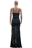 Zwarte sexy effen pailletten patchwork hoge opening spaghetti band lange jurk jurken