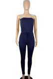 Deep Blue Casual Patchwork Draw String Contrast Strapless Regular Jumpsuits