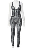 Black Sexy Print Hollowed Out Patchwork Spaghetti Strap Skinny Jumpsuits