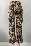 Hellblaue Street-Camouflage-Print-Patchwork-Taschenknöpfe, Reißverschluss, gerade, niedrige Taille, gerade, voll bedruckte Hose
