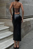 Zwart sexy straat effen patchwork rugloze gekruiste bandjes split spaghetti band lange jurk jurken