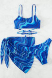 Blaues 3-teiliges Set mit Patchwork-Kreuzträgern im Sportswear-Print (mit Polsterung)