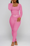 Pink Sexy Casual Solid Patchwork U Neck Long Sleeve Two Pieces