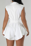 White Street Solid Patchwork Buckle Turndown Collar Loose Cargo Rompers