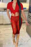 Rose Red Sexy Street Solid Lace Patchwork Durchsichtiger Cardigan-Kragen Kurzarm Zweiteiler