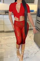 Cardigan transparent en dentelle unie, rouge, Sexy, Patchwork, col, manches courtes, deux pièces