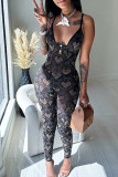 Black Sexy Print Hollowed Out Patchwork Spaghetti Strap Skinny Jumpsuits