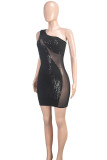 Black Sexy Street Solid Sequins Patchwork See-through One Shoulder Wrapped Skirt Dresses