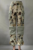 Dunkelbraune Street-Camouflage-Print-Patchwork-Taschenknöpfe, Reißverschluss, gerade, niedrige Taille, gerade, voll bedruckte Hose