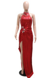 Vestido largo rojo sexy elegante liso con lentejuelas y retales con abertura alta y pliegues con cremallera y cuello redondo