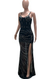 Zwarte sexy effen pailletten patchwork hoge opening spaghetti band lange jurk jurken