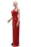Rotes, sexy, elegantes, solides Pailletten-Patchwork, hohe Öffnung, Falten, heißer Bohrer, Reißverschluss, O-Ausschnitt, langes Kleid